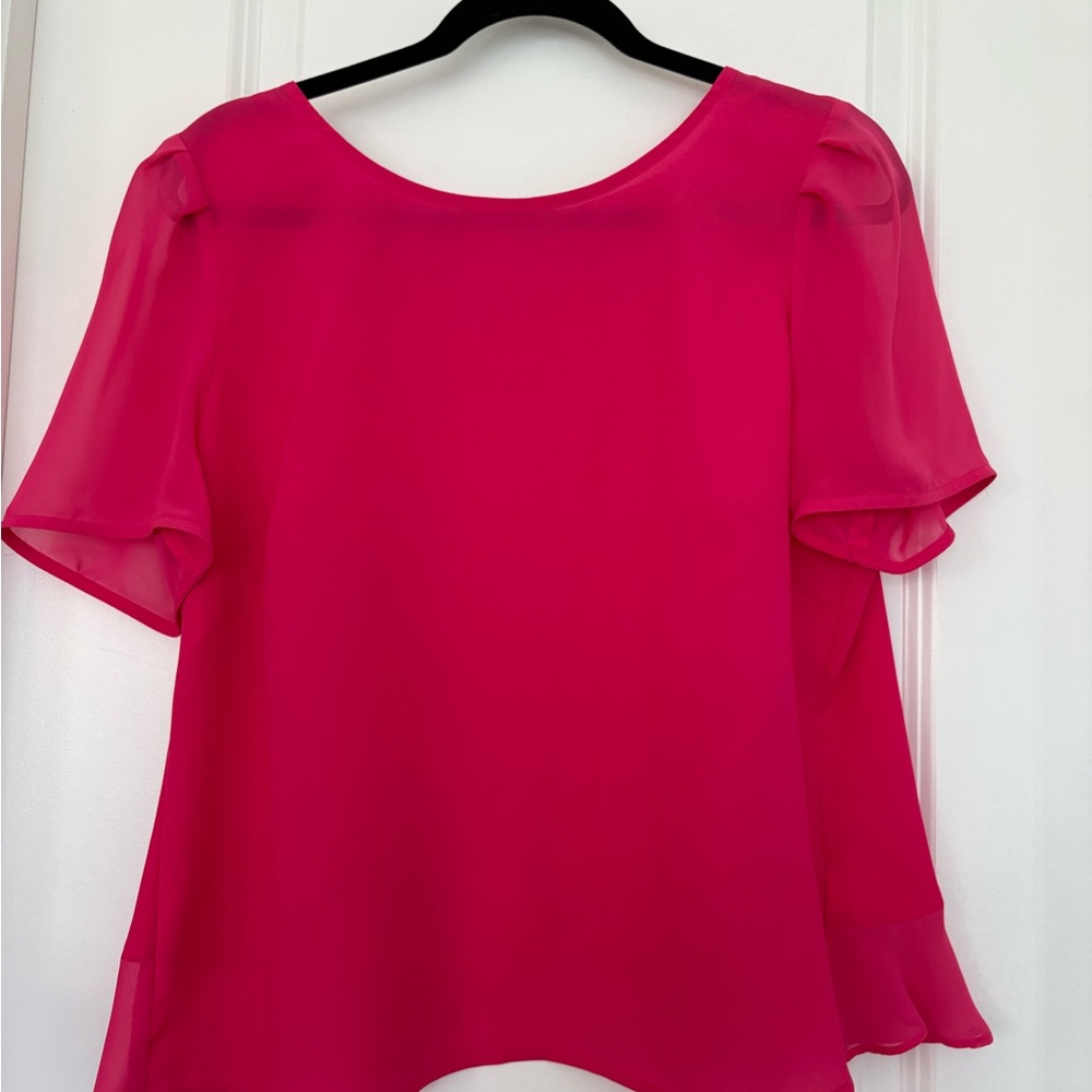 NEW Bisou Bisou Pink Ruffle Chiffon Sheer Blouse Round Neck Short Sleeve L